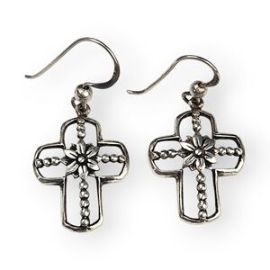 Vintage Sterling Cross Drop Earrings Flower Filigree Floral 925 Silver 1.25"